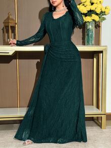 Feyla Women's Elegant Frill Cinching Waist Design Lace Patchwork Midi Dress, Suitable For Parties And Events - Dark Green - View 4