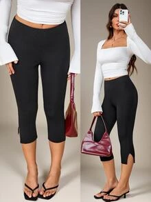 SHEIN Tall Tall Women's Casual Elegant Commuter Fashion Side-Slit Mid-Length Pants - Black - View 4