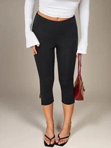 SHEIN Tall Tall Women's Casual Elegant Commuter Fashion Side-Slit Mid-Length Pants - Black - View 7