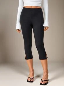 SHEIN Tall Tall Women's Casual Elegant Commuter Fashion Side-Slit Mid-Length Pants - Black - View 3