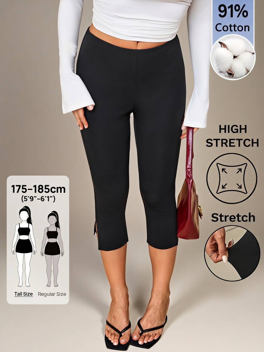 SHEIN Tall Tall Women's Casual Elegant Commuter Fashion Side-Slit Mid-Length Pants - Black - View 1