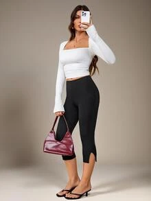 SHEIN Tall Tall Women's Casual Elegant Commuter Fashion Side-Slit Mid-Length Pants - Black - View 6