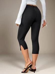 SHEIN Tall Tall Women's Casual Elegant Commuter Fashion Side-Slit Mid-Length Pants - Black - View 2