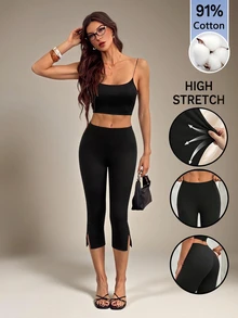 SHEIN Tall Tall Women's Casual Elegant Commuter Fashion Side-Slit Mid-Length Pants - Black - View 5
