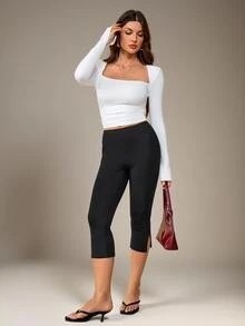 SHEIN Tall Tall Women's Casual Elegant Commuter Fashion Side-Slit Mid-Length Pants - Black - View 9