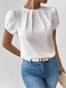 Rafferiza Women's Elegant Casual Solid Color Lace Patchwork Pleated Collar Lantern Sleeve Blouse - White - View 3