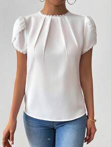 Rafferiza Women's Elegant Casual Solid Color Lace Patchwork Pleated Collar Lantern Sleeve Blouse - White - View 6