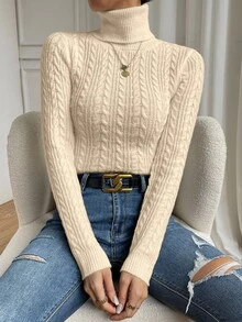 SHEIN Raffinéa 休闲纯色高领修身毛衣，秋冬针织套头衫 - 杏色 - 查看 8