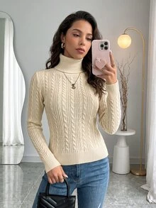 SHEIN Raffinéa 休闲纯色高领修身毛衣，秋冬针织套头衫 - 杏色 - 查看 1