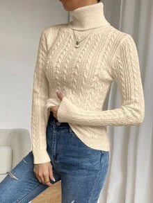 SHEIN Raffinéa 休闲纯色高领修身毛衣，秋冬针织套头衫 - 杏色 - 查看 10