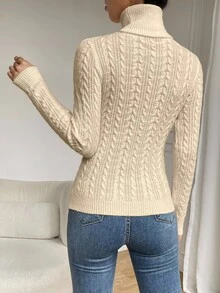 SHEIN Raffinéa 休闲纯色高领修身毛衣，秋冬针织套头衫 - 杏色 - 查看 5