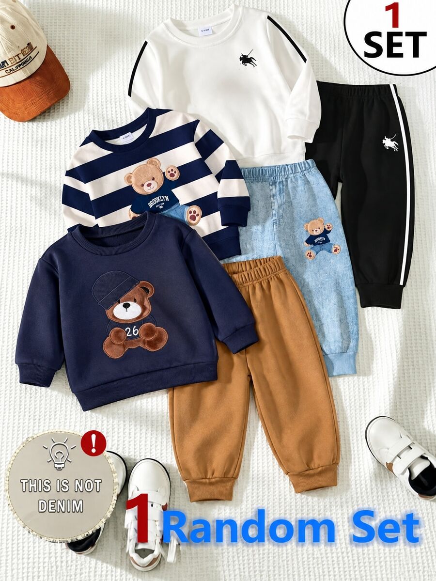 SHEIN 2件組小男孩小女孩秋冬可愛熊圖案休閒內裡運動衫運動褲套裝,冬季童裝,Y2K風格,適合假期、生日男孩 - 彩色 - 查看 1