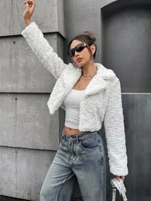 SHEIN ICON 女款白色泰迪領毛茸茸保暖舒適百搭優雅長袖人造毛短款外套冬季 - 米色 - 查看 4