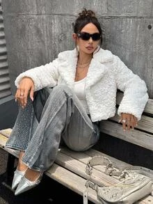 SHEIN ICON 女款白色泰迪領毛茸茸保暖舒適百搭優雅長袖人造毛短款外套冬季 - 米色 - 查看 6