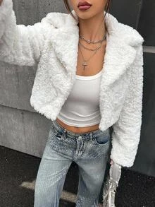 SHEIN ICON 女款白色泰迪領毛茸茸保暖舒適百搭優雅長袖人造毛短款外套冬季 - 米色 - 查看 7