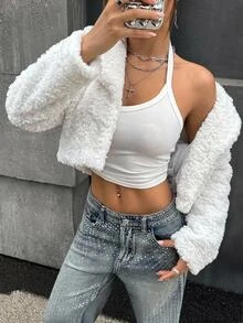 SHEIN ICON 女款白色泰迪領毛茸茸保暖舒適百搭優雅長袖人造毛短款外套冬季 - 米色 - 查看 3