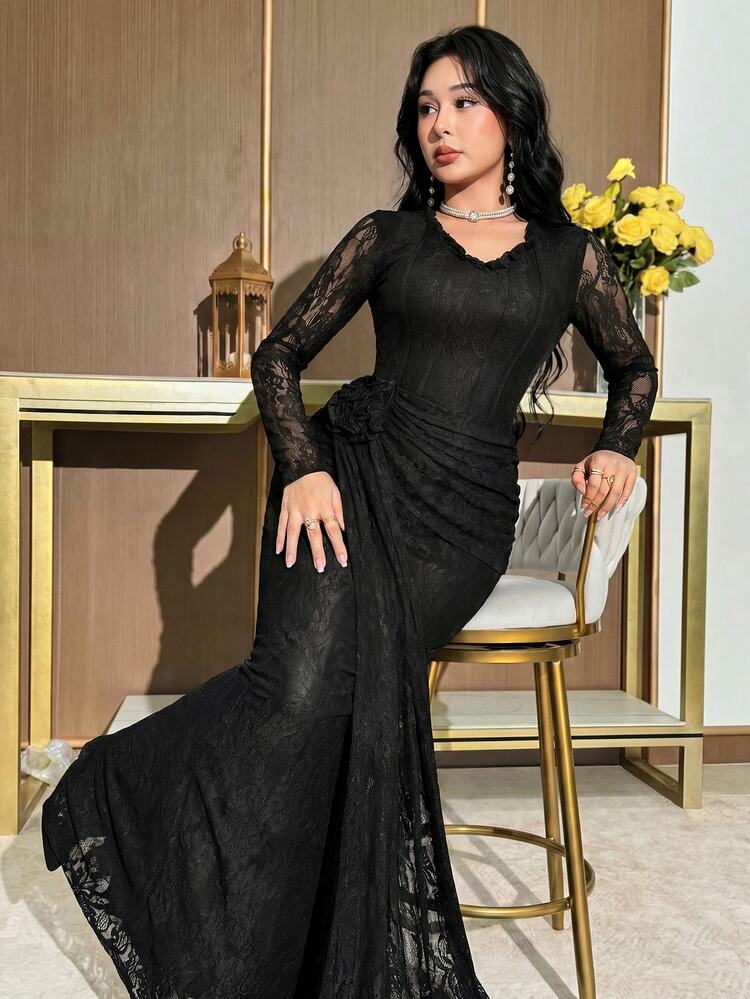 Feyla Women's Lace Patchwork Ruffle Elegant Waist Gathering Party Dress - Black - View 1