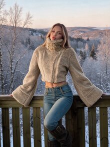 SHEIN ICON 女款卡其色人造羊羔絨毛絨保暖舒適泰迪立領素色休閒百搭日常人造毛皮夾克外套冬季 - 棕色 - 查看 5