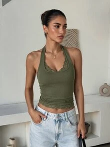 Lavishia Sexy Casual Lace Patchwork Halter Neck Top,Summer Top Date Night Night Out Army Green - Dark Green - View 1
