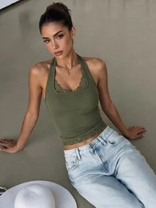 Lavishia Sexy Casual Lace Patchwork Halter Neck Top,Summer Top Date Night Night Out Army Green - Dark Green - View 3