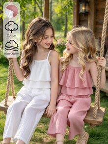 SHEIN 4件套少女纯色吊带背心和裤子休闲日常装 - 彩色 - 查看 5