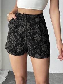 SHEIN Raffinéa 女士优雅通勤提花花卉图案宽松休闲短裤 - 黑色 - 查看 10