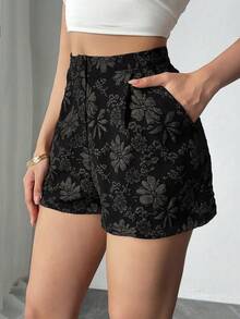 SHEIN Raffinéa 女士优雅通勤提花花卉图案宽松休闲短裤 - 黑色 - 查看 5