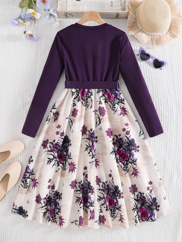 SHEIN Tween Girl Knitted Round Neck Casual Patchwork Woven Floral Hem Casual Dress - Purple - View 4