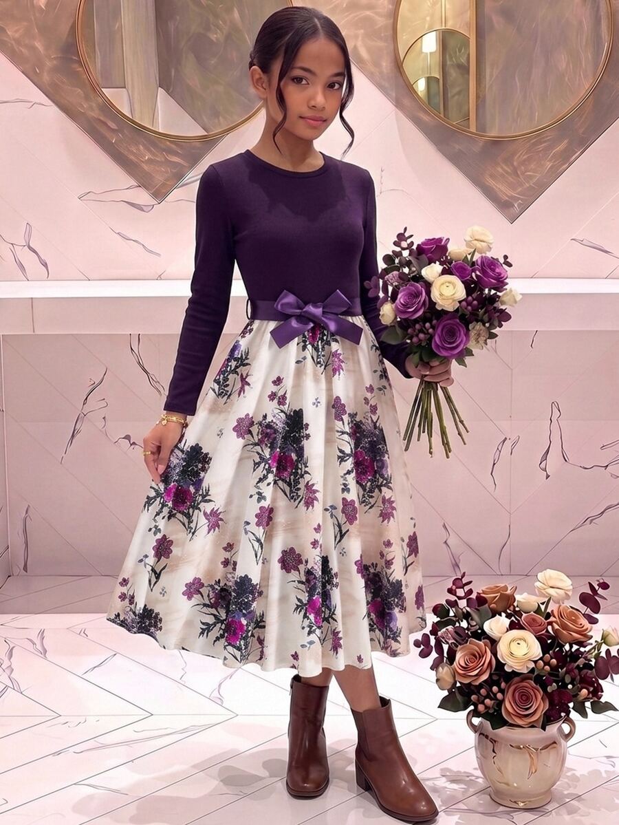 SHEIN 少女針織圓領休閒拼接梭織花卉下擺休閒洋裝 - 紫色 - 查看 1