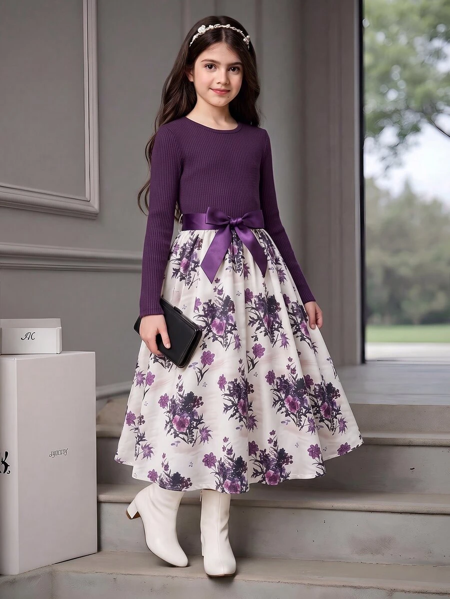 SHEIN Tween Girl Knitted Round Neck Casual Patchwork Woven Floral Hem Casual Dress - Purple - View 1