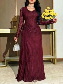 Feyla Women's V-Neck Long Sleeve 3D Floral Decor Elegant Lace Dress Formal Burgundy Autumn - Red Violet - View 6