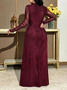 Feyla Women's V-Neck Long Sleeve 3D Floral Decor Elegant Lace Dress Formal Burgundy Autumn - Red Violet - View 3
