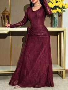 Feyla Women's V-Neck Long Sleeve 3D Floral Decor Elegant Lace Dress Formal Burgundy Autumn - Red Violet - View 4