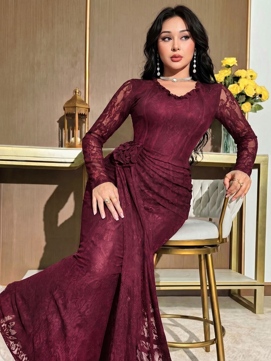 Feyla Women's V-Neck Long Sleeve 3D Floral Decor Elegant Lace Dress Formal Burgundy Autumn - Red Violet - View 1