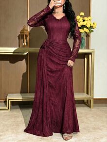 Feyla Women's V-Neck Long Sleeve 3D Floral Decor Elegant Lace Dress Formal Burgundy Autumn - Red Violet - View 2