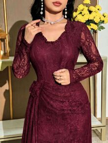 Feyla Women's V-Neck Long Sleeve 3D Floral Decor Elegant Lace Dress Formal Burgundy Autumn - Red Violet - View 7