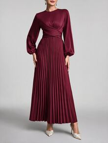 Veilorie 女款優雅純色燈籠袖百褶下擺保守長袖秋季長洋裝 - 中紫紅色 - 查看 6