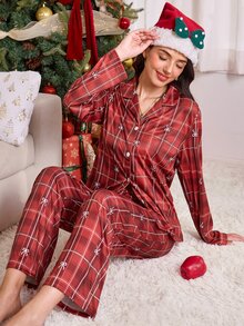 CoupledUp Women's Casual Plaid Bow Print Lapel Button-Front Long Sleeve Pants Pajama Set - Multicolor - View 4