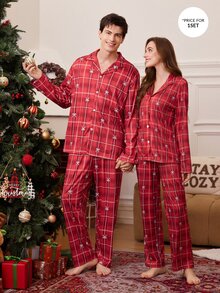 CoupledUp Women's Casual Plaid Bow Print Lapel Button-Front Long Sleeve Pants Pajama Set - Multicolor - View 1