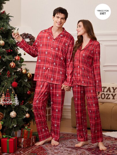 CoupledUp Women's Casual Plaid Bow Print Lapel Button-Front Long Sleeve Pants Pajama Set
