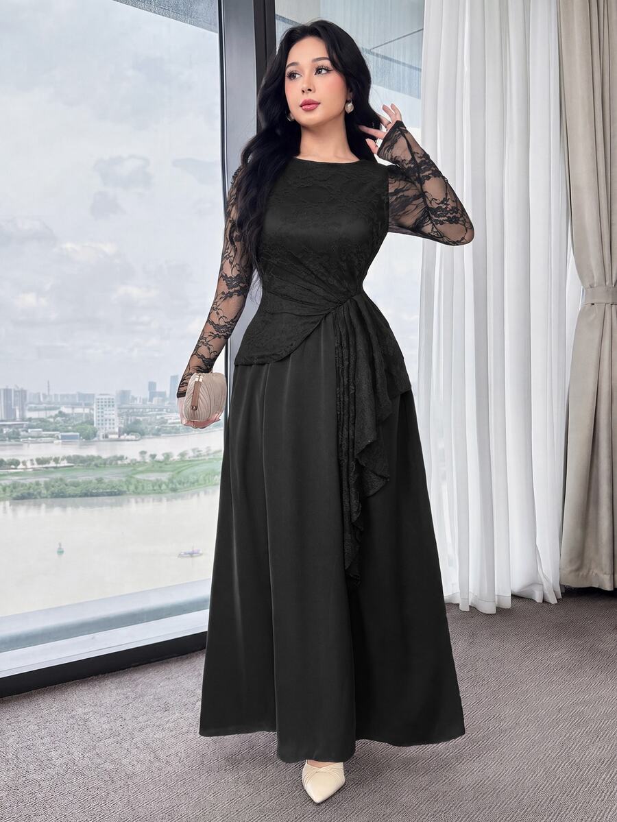 Feyla 女式纯色蕾丝拼布连衣裙 - 黑色 - 查看 1