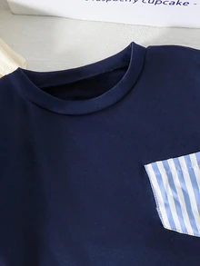 SHEIN 2件組男孩休閒舒適圖案印花圓領插肩袖上衣搭配白色短褲，適合春夏戶外玩耍、生日、海灘 - 藍色 - 查看 4