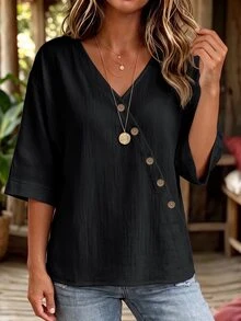 Linhara CURVE Women's Plus Size V-Neck Asymmetric Hem Top, Casual Outing Blouse Fall - Black - View 7