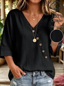 Linhara CURVE Women's Plus Size V-Neck Asymmetric Hem Top, Casual Outing Blouse Fall - Black - View 1