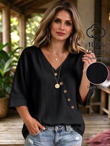 Linhara CURVE Women's Plus Size V-Neck Asymmetric Hem Top, Casual Outing Blouse Fall - Black - View 3