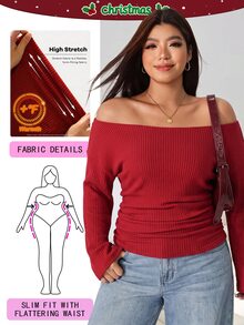 Solflare 大尺碼性感羅紋長袖露肩T恤 - 紅色 - 查看 1