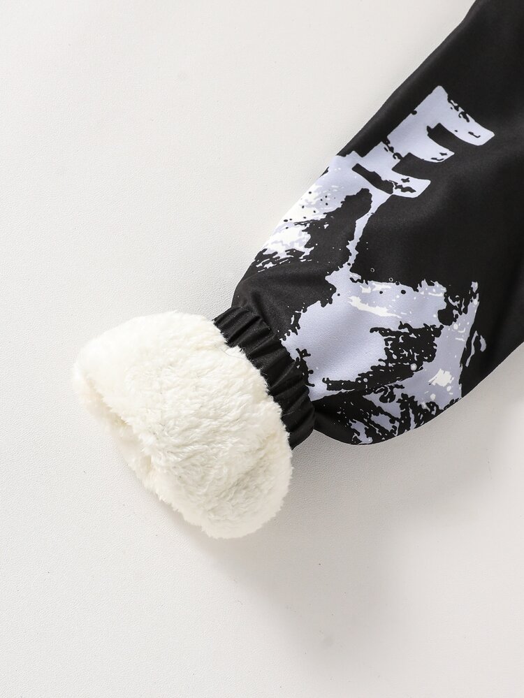 Tween Boys' Woven Fabric Hooded Jacket With Landscape And Letter Print Pattern, Lined With Plush Fabric, Autumn Winter Black And White Streetwear Swag - Black - View 5