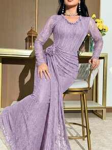 Feyla Women's Elegant Solid Color Lace 3D Floral Decor Mid-Length Dress - Dusty Purple - View 5