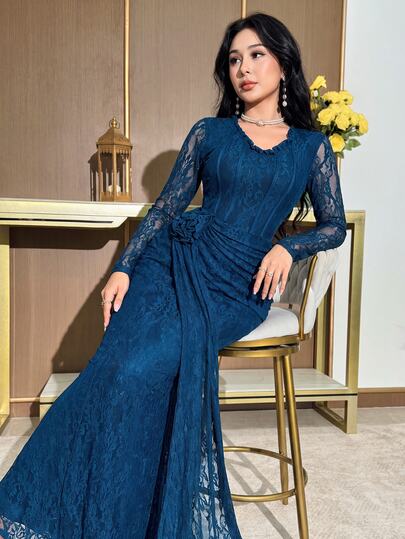Feyla Women's Solid Color V-Neck Long Sleeve Lace Waist Cinched Elegant Midi Dress With 3D Floral Decor Blue Maxi Evening Gown Formal