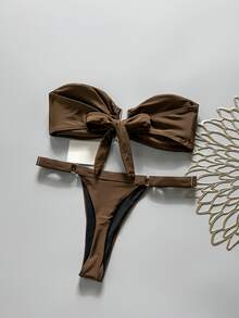 SHEIN Swim Spring Break Women's Solid Color Strapless Metal Decor Top And Thong Bikini Bottoms 2pcs Set, Minimalist Summer Beach Outfit - Brown - View 4
